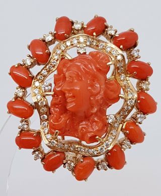 18K Victorian Style Yellow Gold Diamond and Coral Cameo Earrings Est.  1.  80ct 3