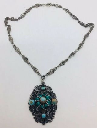 Antique Victorian Austro Hungarian Sterling Silver Enamel Turquoise Necklace