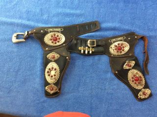 Vintage Roy Rogers Kids Leather Toy Holsters with metal buckled,  plastic goncho 3