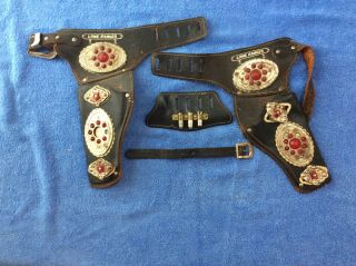 Vintage Roy Rogers Kids Leather Toy Holsters with metal buckled,  plastic goncho 6
