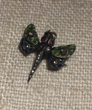 Russian Antique Victorian Gold & Silver Diamond Enamel Dragonfly Pin Pendant
