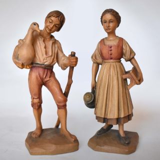 Vintage Anri Hand Carved & Painted Figurines - Alpine Boy & Girl With Duck - Exc