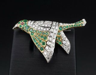 Antique Art Deco 18k Platinum 2ct Emerald Diamond Bird Brooch Pin French Og232