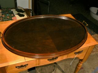 Antique Large Mahogany / Glass Oval Butler Serving Tray W/ Brass Handles (ml)