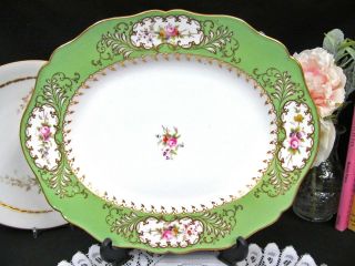 Coalport Painted Floral Rose Lime Green Border Pattern Platter