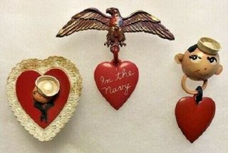 Wwii Plastic " Buddies " All Navy Pins,  Set Of 3 - Heart,  Eagle,  Sailor Head/heart