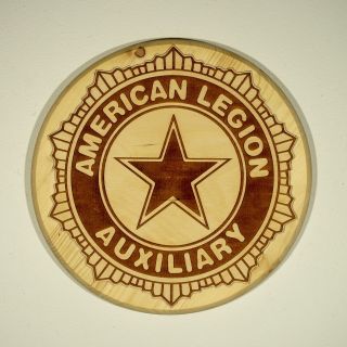 American Legion Auxiliary Emblem On A 12” Round Laser Engraved Wood Plaque Axr12