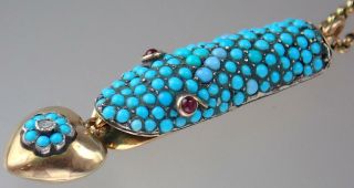 Wow Antique Victorian Gold Diamond Ruby Turquoise Snake Necklace Pendant Chain