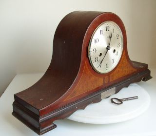 LARGE VINTAGE NAP HAT INLAID WOODEN MANTEL CLOCK 4