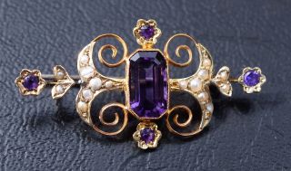Antique 9ct Yellow Gold,  Amethyst And Seed Pearl Brooch