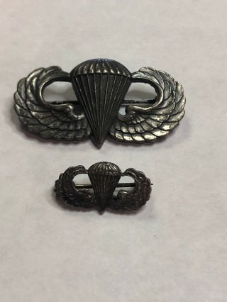 Vintage Wwii Era Parachutist Sterling Silver Military Pin Badge Set - Rare Pair