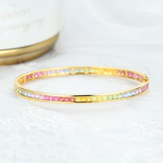 14K Yellow Gold Natural Rainbow Colorful Sapphire Fashion Bangle Bracelet B12 2