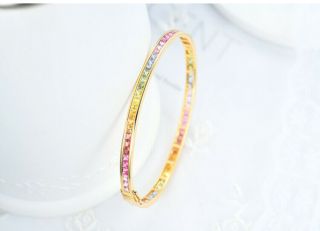 14K Yellow Gold Natural Rainbow Colorful Sapphire Fashion Bangle Bracelet B12 3