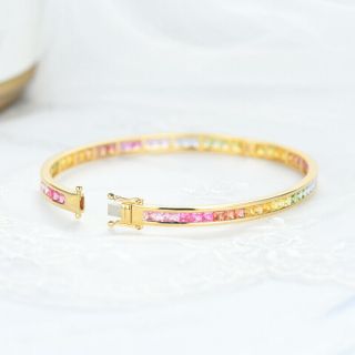 14K Yellow Gold Natural Rainbow Colorful Sapphire Fashion Bangle Bracelet B12 4