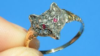 Impressive Antique Georgian Rose Cut Diamond & Ruby FOX 18ct Gold RARE Ring 11