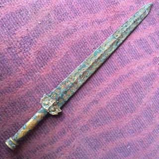 Antique Ancient Chinese Bronze Gilding Engraving Long Sword.