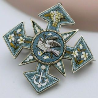 Antique Victorian Silver Micromosaic Micro Mosaic Bird Grapes Brooch Pin Pendant