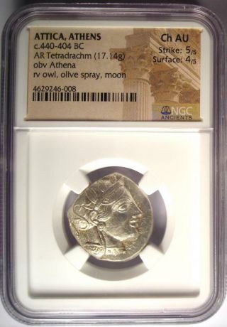 Ancient Athens Greece Athena Owl Tetradrachm Coin (440 - 404 BC) - NGC Choice AU 2