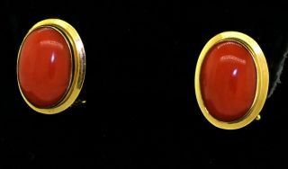 18k Yellow Gold Italy Vintage Red Coral Cabochon Earrings