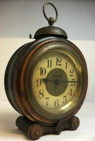 Rare Antique Vintage Wood Cased Alarm Mantel Mantle Clock By H Samuel Manchester