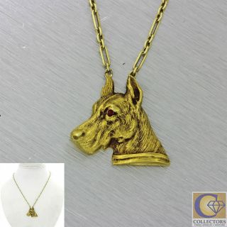 1880s Antique Victorian 14k Solid Gold Ruby Great Dane Dog Pendant Necklace