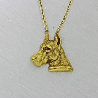 1880s Antique Victorian 14k Solid Gold Ruby Great Dane Dog Pendant Necklace 6