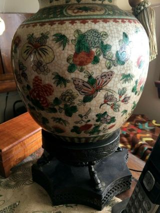 Antique Chinese Pottery Table Lamp / Fancy Metal Base / Flowers And Butterflies