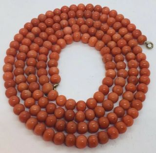 Antique Red Coral Beaded Long Necklace 37”