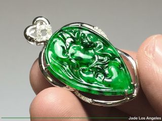Ruyi Peach Rich Emerald Green Jadeite Jade 18k White Gold Diamond Pendant 25ct