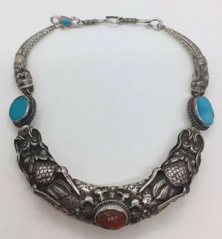Chinese Antique Tribal Sterling Silver Turquoise & Coral Dragon Necklace