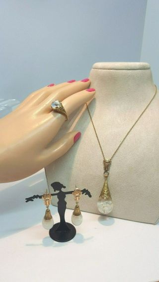 Antique 14k Gold Floating Opal Pendant And Necklace Ring & Earrings