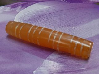 Ancient Agate Carnelian Etched 12 Stripe Pyu Tube Bead 46 By 9.  4 Mm