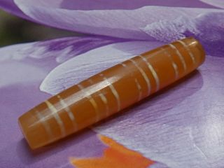 ANCIENT AGATE CARNELIAN ETCHED 12 STRIPE PYU TUBE BEAD 46 by 9.  4 mm 3