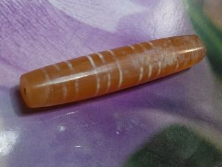 ANCIENT AGATE CARNELIAN ETCHED 12 STRIPE PYU TUBE BEAD 46 by 9.  4 mm 4