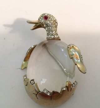 1940’s Sterling Trifari Jelly Belly Chick Coming Out Of Egg With Lucite