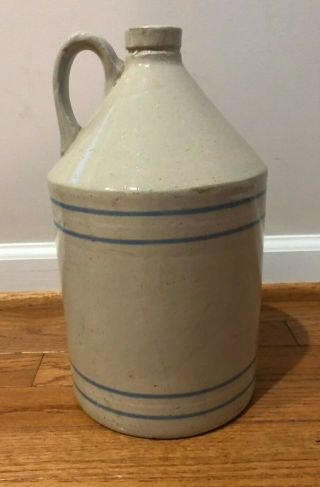 Antique Stoneware Rcp Co.  Akron Oh Vintage White Pottery Jug W/ Light Blue Bands