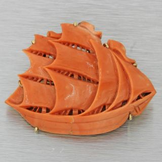 Vintage Estate 14k Solid Yellow Gold Carved Red Orange Coral Ship Brooch Pin