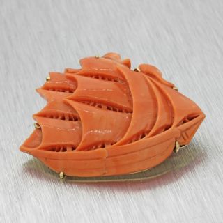 Vintage Estate 14k Solid Yellow Gold Carved Red Orange Coral Ship Brooch Pin 2