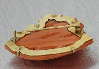 Vintage Estate 14k Solid Yellow Gold Carved Red Orange Coral Ship Brooch Pin 3