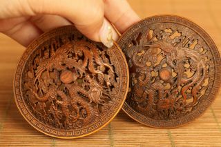 Pair Chinese Old Boxwood Hand Carved Dragon Phoenix Statue Lid Decoration