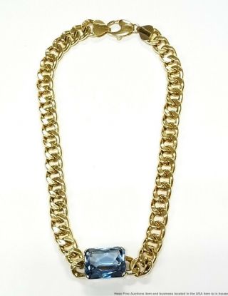 Retro Deco 18k Gold Curb Chain Syn Blue Spinel 1940s Cuban Link Necklace 59.  6gr 2