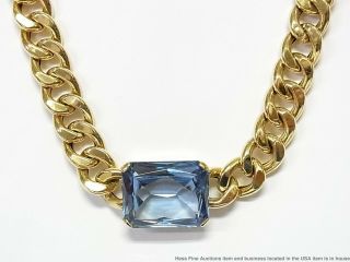 Retro Deco 18k Gold Curb Chain Syn Blue Spinel 1940s Cuban Link Necklace 59.  6gr 3