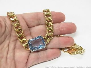 Retro Deco 18k Gold Curb Chain Syn Blue Spinel 1940s Cuban Link Necklace 59.  6gr 9