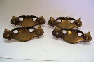 Set of 4 Vintage Brass Drawer Handles / Drop Bail Pulls 4 Inch Centers,  Screws 2