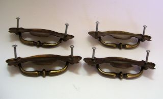 Set of 4 Vintage Brass Drawer Handles / Drop Bail Pulls 4 Inch Centers,  Screws 4
