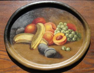 Antique Vintage Tole Ware Heavy Metal Tray Hand Painted Fruit Still Life Art
