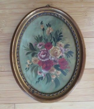 Antique Victorian Oil Painting Flowers Oval Wood Frame Master Vintage Art Decor
