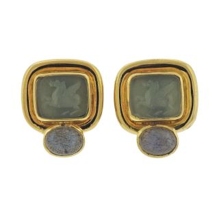 Elizabeth Locke Labradorite Venetian Glass Intaglio Gold Earrings