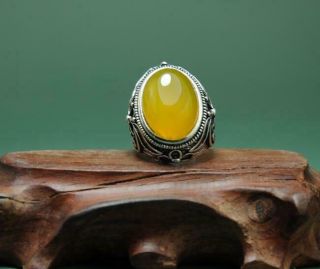 China Old Antique Hand - Made Tibetan Silver Inlay Beeswax Stone Ring A01