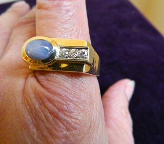 Vintage Mens Heavy 14k Solid Gold W/large Blue Star Sapphire & Diamonds Ring